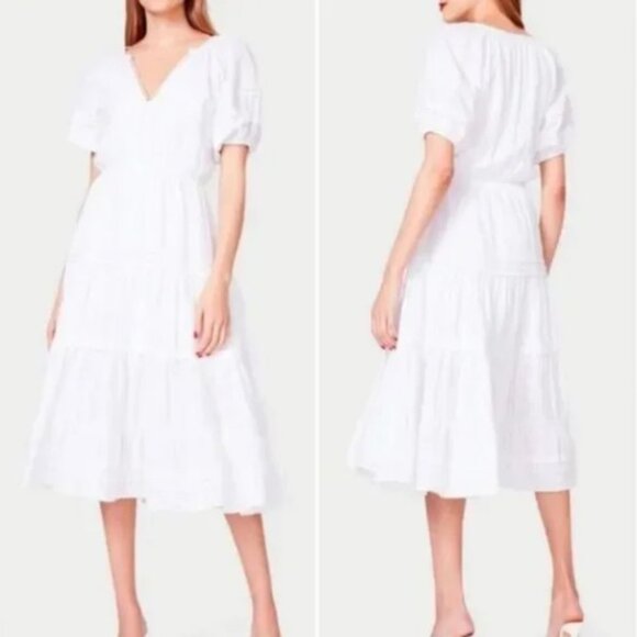 Betsey Johnson White Maxi Dress Confetti Puff Sleeves Tiered Relaxed Fit Size LG - Picture 1 of 11
